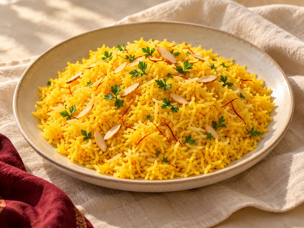 Illustration of golden saffron rice with a serving spoon