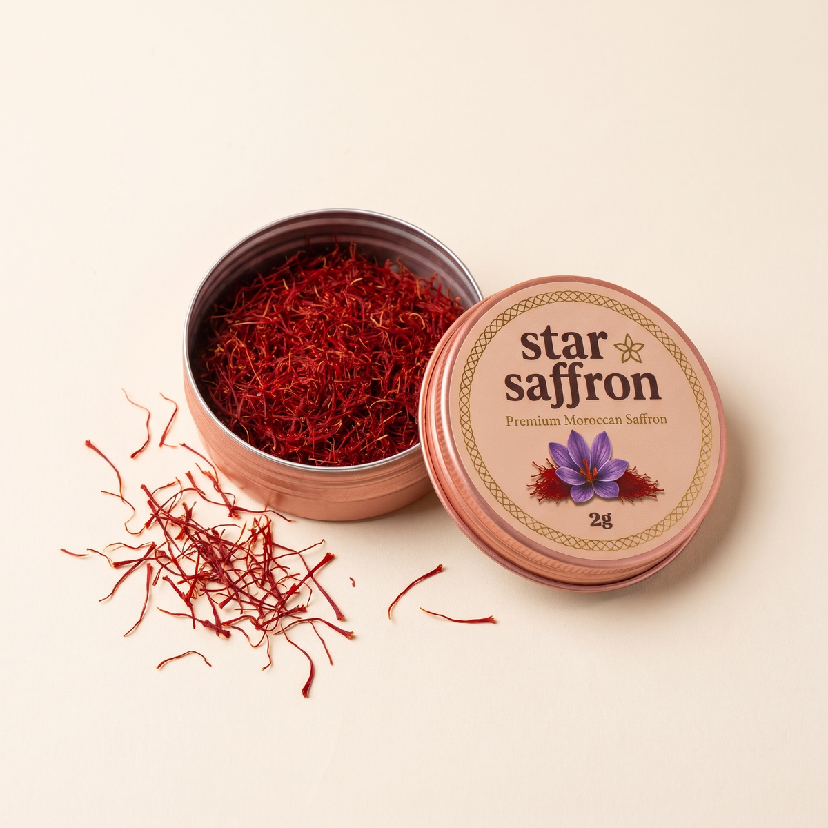 Open Star Saffron tin with saffron threads and its lid
