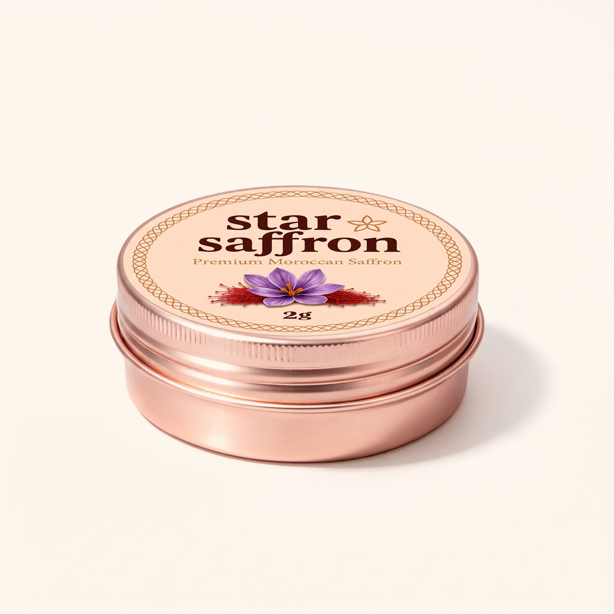 Closed Star Saffron 2 g tin viewed at an angle