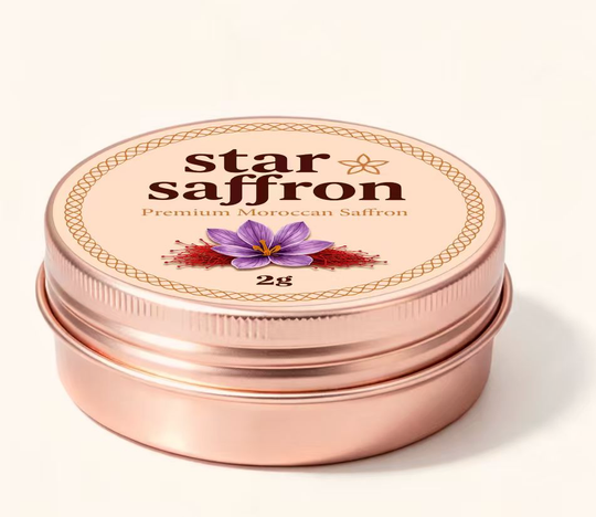 Star Saffron 2 g tin — packaging illustration from the brand guide